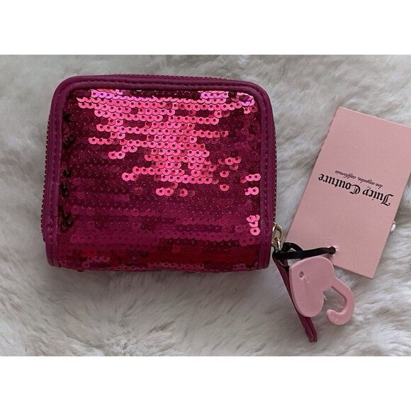 Juicy Couture Blank Canvas Small Zip Around Wallet Raspberry Tart Sequins NEW - Picture 7 of 12